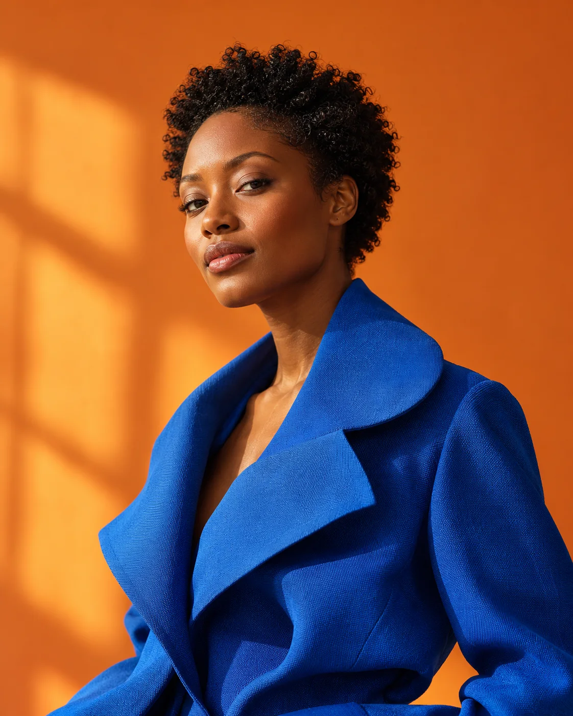 Creative fashion portrait with a cobalt blue jacket and orange backdrop