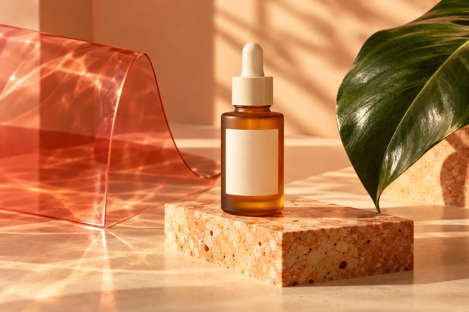 Amber serum bottle with coral glass and a green leaf in warm sunlight
