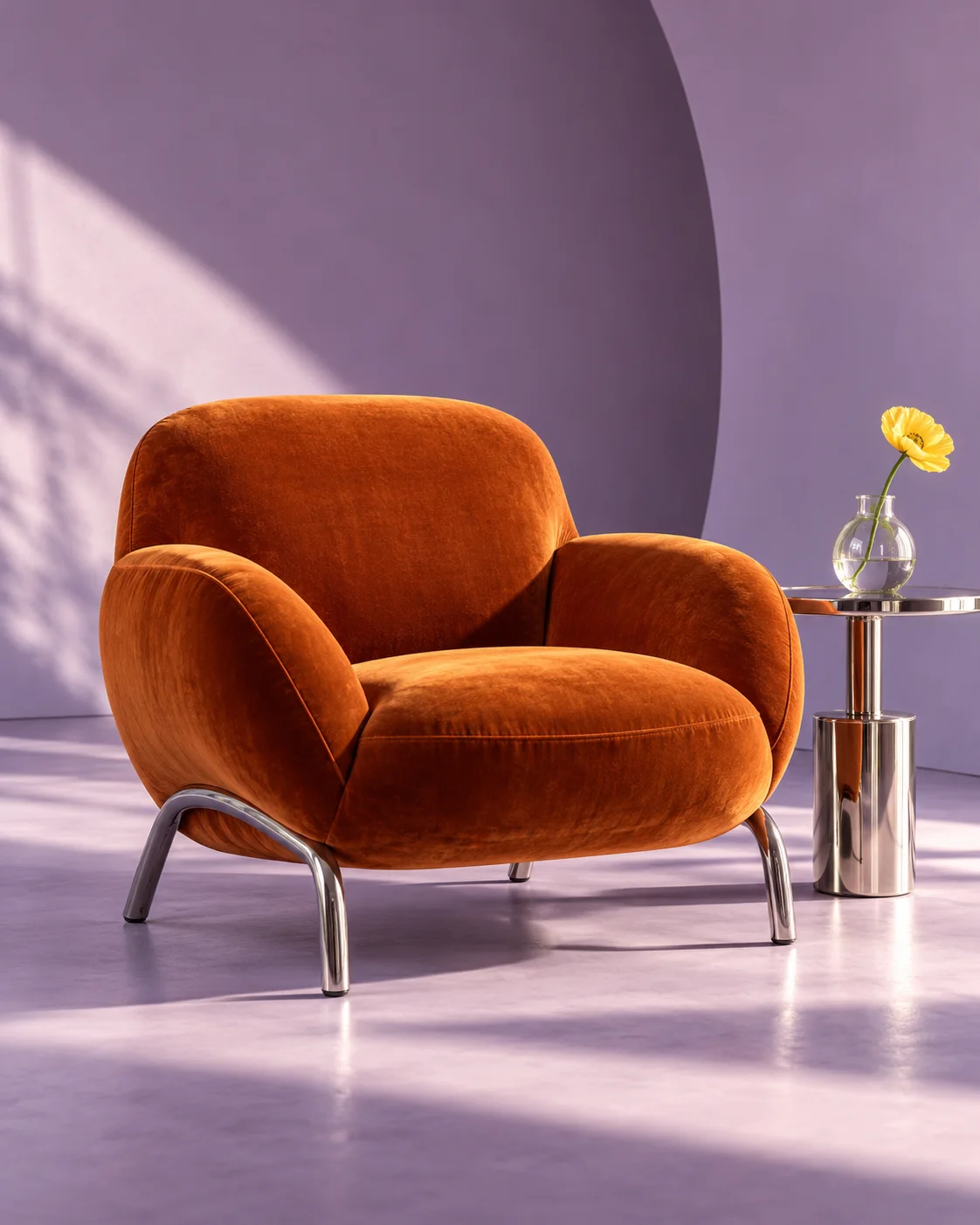 Orange velvet lounge chair in a lavender photographic studio